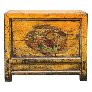 Distressed Yellowish Floral Graphic Mid Size Credenza Sideboard Cabinet For Sale