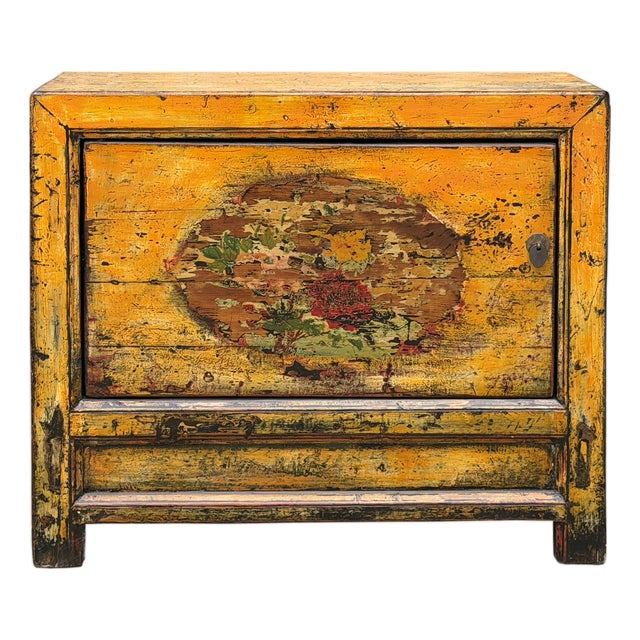 Distressed Yellowish Floral Graphic Mid Size Credenza Sideboard Cabinet For Sale