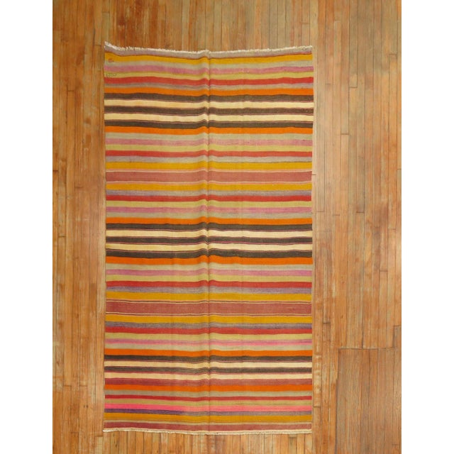 Orange Vintage Striped Hand-Made Turkish Kilim - 4'10" x 8'4" For Sale - Image 8 of 8