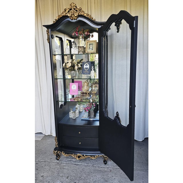 Rococo 1960s Black, Rococo Style Vitrine Cabinet, French Reproduction Curio Cabinet For Sale - Image 3 of 18