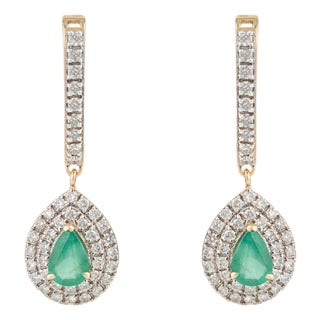 Luxury Emerald & Diamond Double Halo Latchback Earrings in 14k Yellow Gold- 2 Pieces For Sale