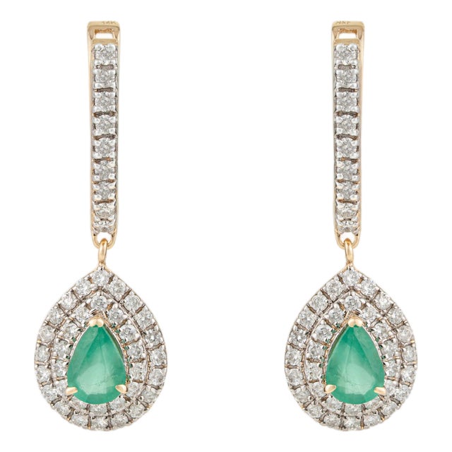 Luxury Emerald & Diamond Double Halo Latchback Earrings in 14k Yellow Gold- 2 Pieces For Sale