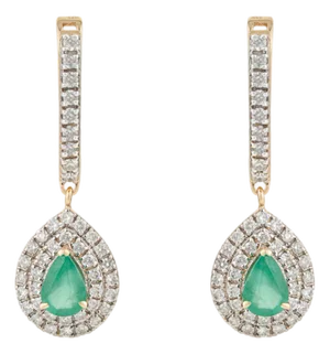 Luxury Emerald & Diamond Double Halo Latchback Earrings in 14k Yellow Gold- 2 Pieces