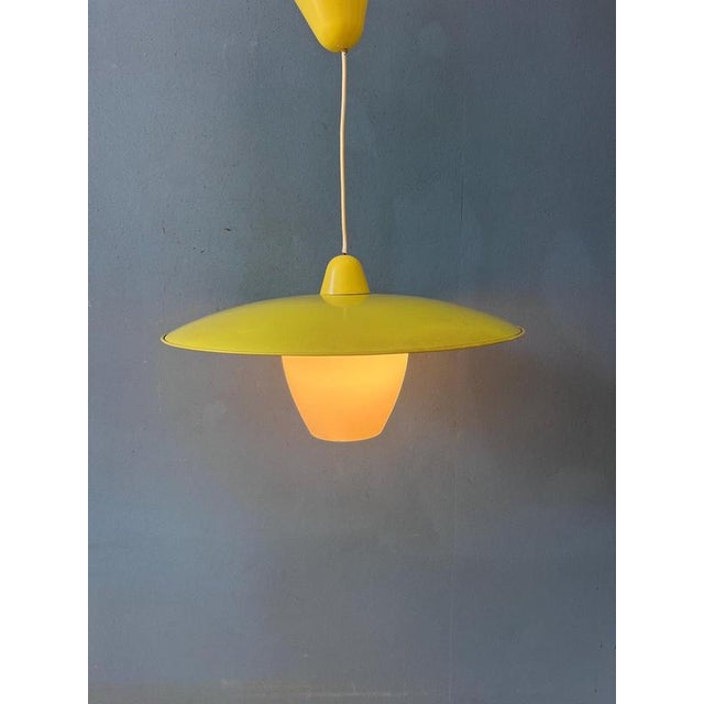 Mid-Century Modern Opaline Glass Pendant Lamp with Yellow Metal Shade For Sale - Image 4 of 13