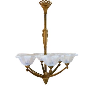 Ceiling Lamp with Bronze Mount and Opalescent Glass, 1930s For Sale