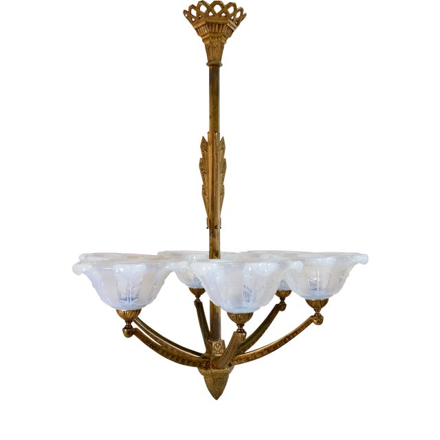 Ceiling Lamp with Bronze Mount and Opalescent Glass, 1930s For Sale