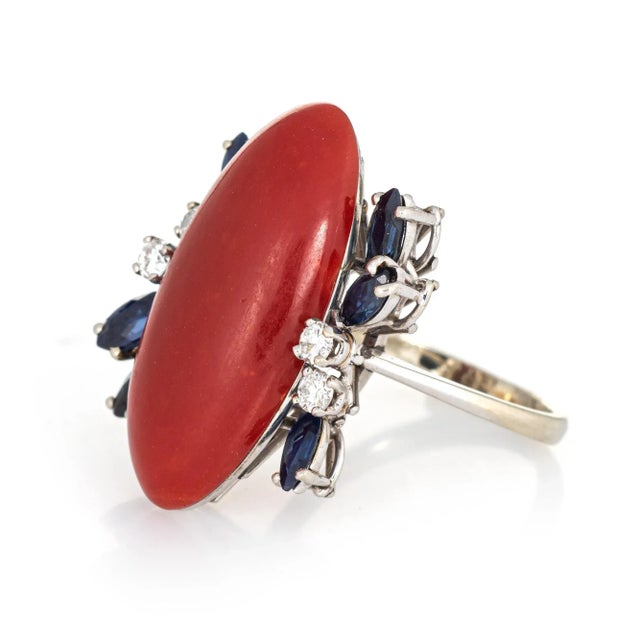 Sardinian Red Coral Sapphire Diamond Ring Vintage 18 Karat Gold Fine Cocktail size 5.5 For Sale - Image 4 of 6