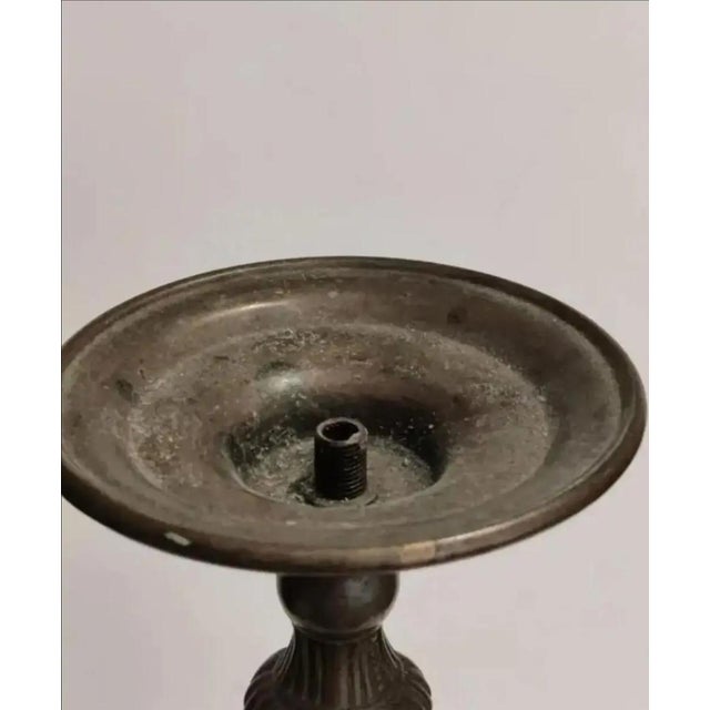 Metal Vintage Bronze Altar Style Candle Holders- A Pair For Sale - Image 7 of 9