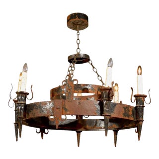 19th Century French Black Iron Chandelier With Fleur De Lis Design For Sale