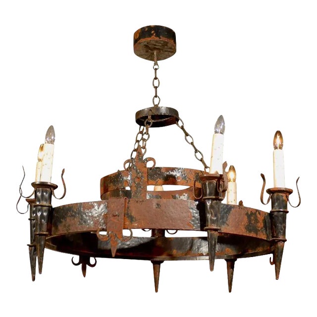 19th Century French Black Iron Chandelier With Fleur De Lis Design For Sale