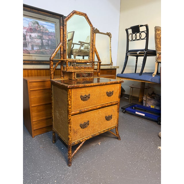 Victorian Antique Victorian Tortoiseshell Bamboo Chest of Drawers With Vanity For Sale - Image 3 of 12