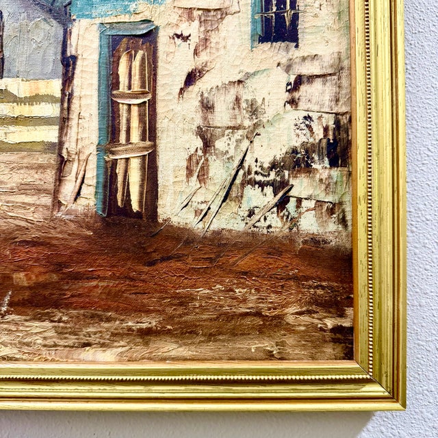 Vintage Mid-Century Palette Knife Oil Painting, Mediterranean Village Street With Archway, Signed, Gold Frame For Sale In Austin - Image 6 of 9