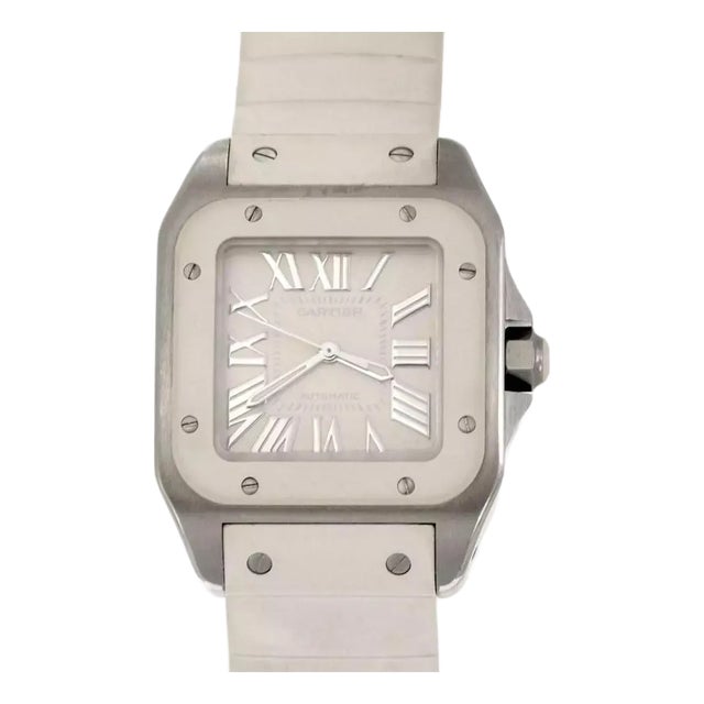 Cartier Santos 100 Automatic Steel White Rubber Band Midsize Watch 2878 For Sale