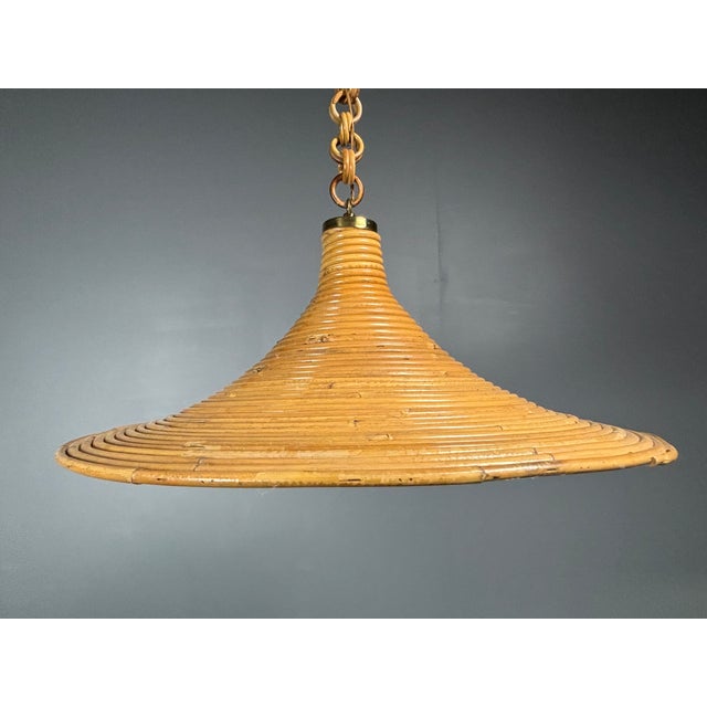 Mid-Century Modern Mid-Century Modern Italian Witch Hat Pencil Reed Rattan Bamboo and Brass Pendant Lamp, 1970s For Sale - Image 3 of 12