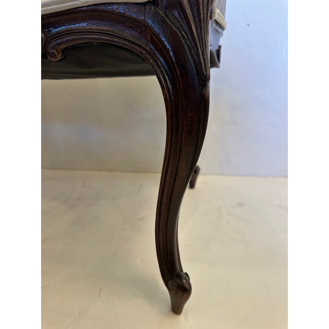 Wood Carved Mahogany Bench With Grey Silk Upholstery For Sale - Image 7 of 11