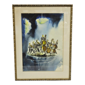 Itzhak Nesher (Austrian Israeli B 1929) "String Group" Judaica Watercolor Signed