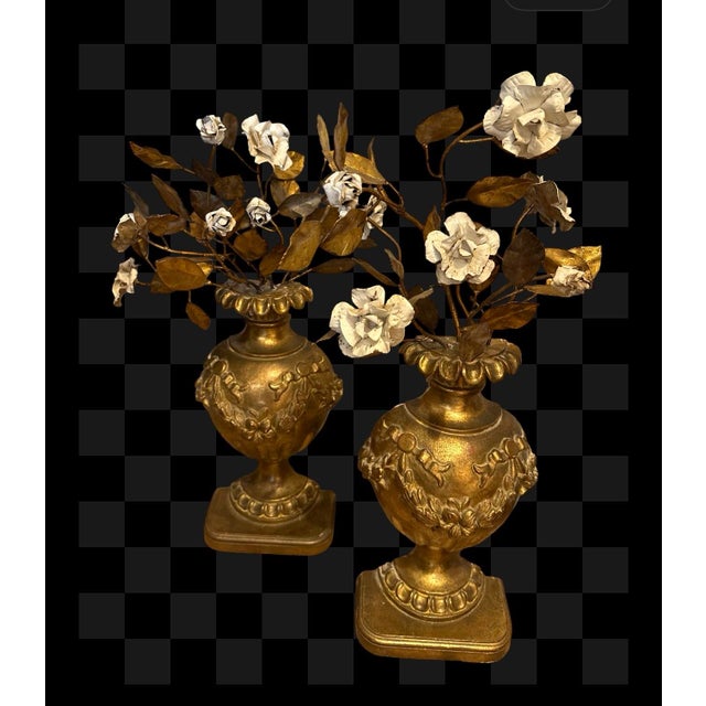 Antique Italian Gilded Wood Middle Urns With Metal Flowers- A Pair For Sale In West Palm - Image 6 of 7