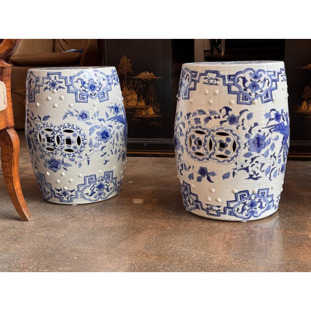 Chinese Pair of Chinese Blue and White Garden Stools For Sale - Image 3 of 8