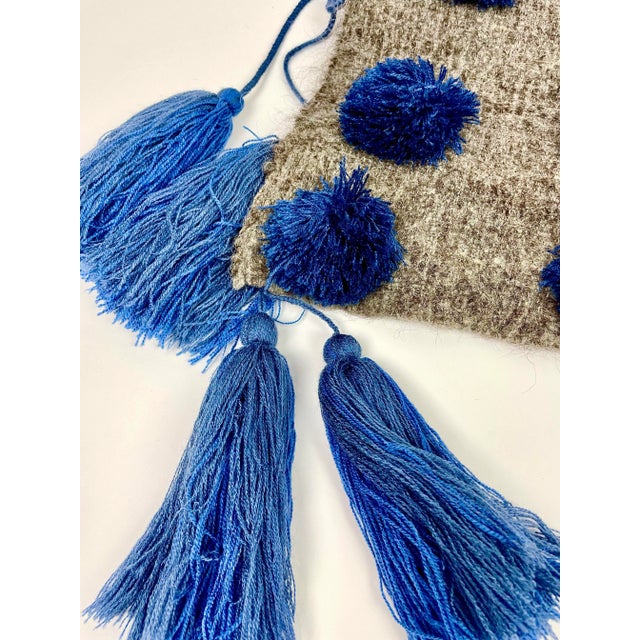 Mexican Blue and Gray Wool Pompom Chamula Shawl Blanket For Sale - Image 9 of 10