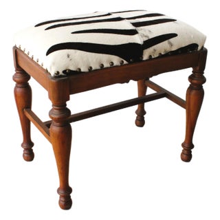 Petite Hand Turned Bench/ Genuine Hide Zebra Upholstery For Sale