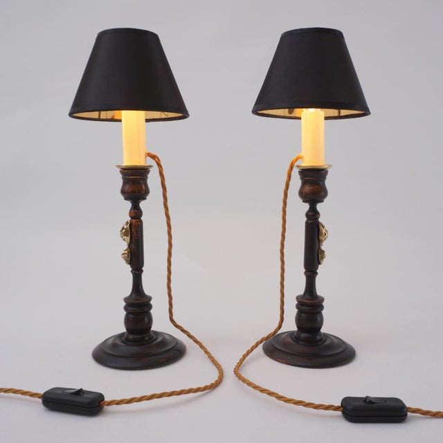 1920's English Candlestick Lamps Cheshire Cat Lewis Carroll Alice`s Adventures in Wonderland Brass & Oak by Rayswi Harrogate - A Pair, Rewired For Sale - Image 14 of 14