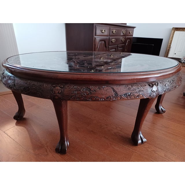 Mediterranean 20th Century Asian Mahogany Carved Tea Table and Stools - 7 Pieces For Sale - Image 3 of 8