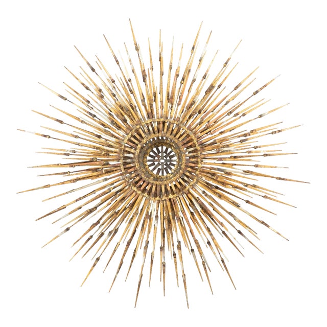 Mid-Century Modern Gilt Iron Sunburst Wall Sculpture by William Bowie For Sale