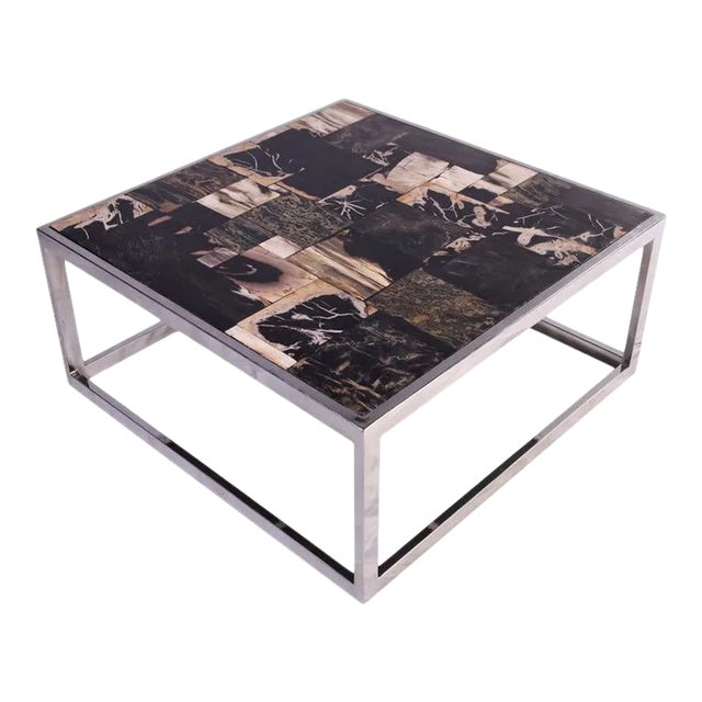 Organic Modern Square Sliced Petrified Wood Top Coffee Table For Sale