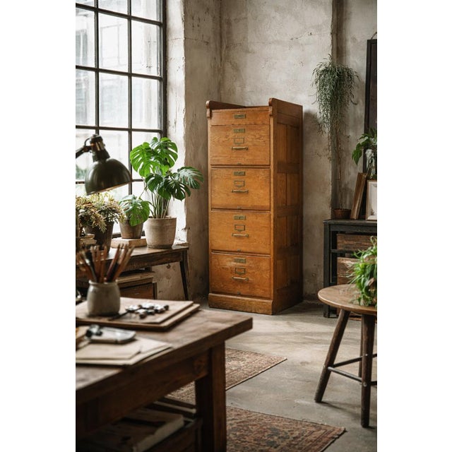 Vintage English Industrial Oak Filing Cabinet with Drawers, 1920s For Sale - Image 17 of 18