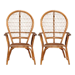 1970s Palm Beach Regency or Coastal Fan Back Rattan / Bamboo Chairs, Pair