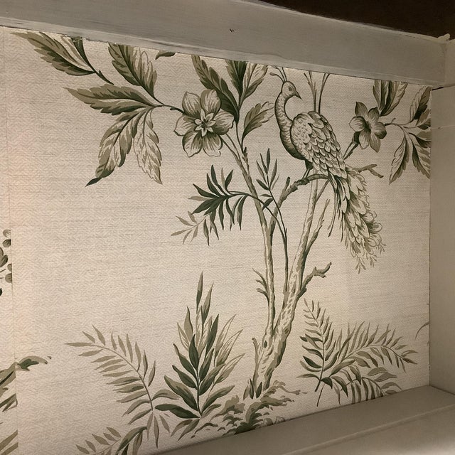 Painted Canvas Off White Wood China Cabinet Drexel Floral Bird Wallpaper Backing For Sale - Image 12 of 12
