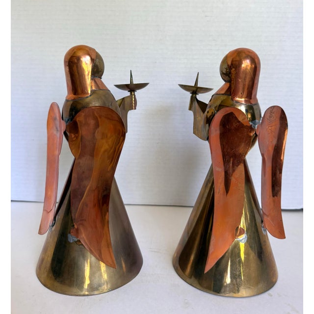 Mid 20th Century Pair of Mid-Century Brass & Copper Angel Candleholders For Sale - Image 5 of 12