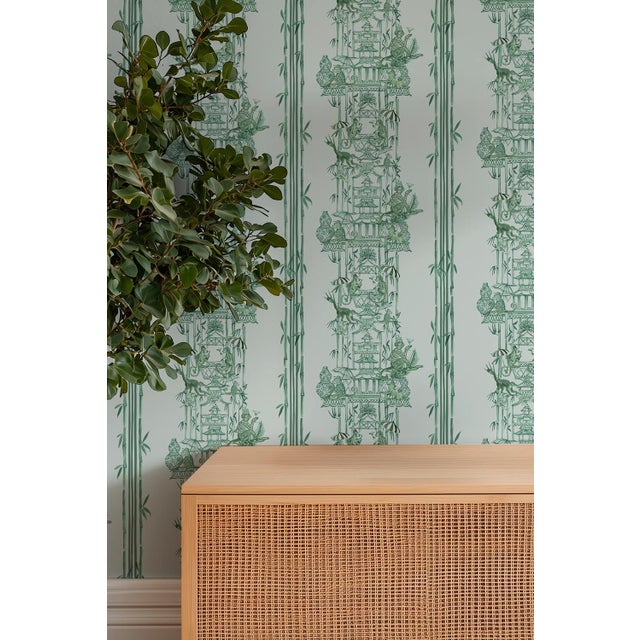 Chinoiserie Shenanigans Toile Grasscloth Wallpaper by House Party | Jade Garden Green | 6 Yards For Sale In Charlotte - Image 6 of 9