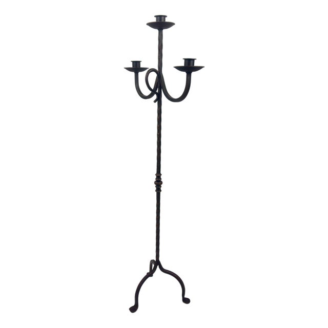 Hand Forged Iron Floor Candelabra 48″ (122cm) Antique Copper Patina 3-Arm Loop Design Classic Candle Holder Rustic Decor For Sale