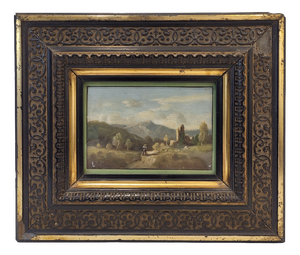 Landscape with Peasant, Late 19th Century, Oil on Cardboard, Framed