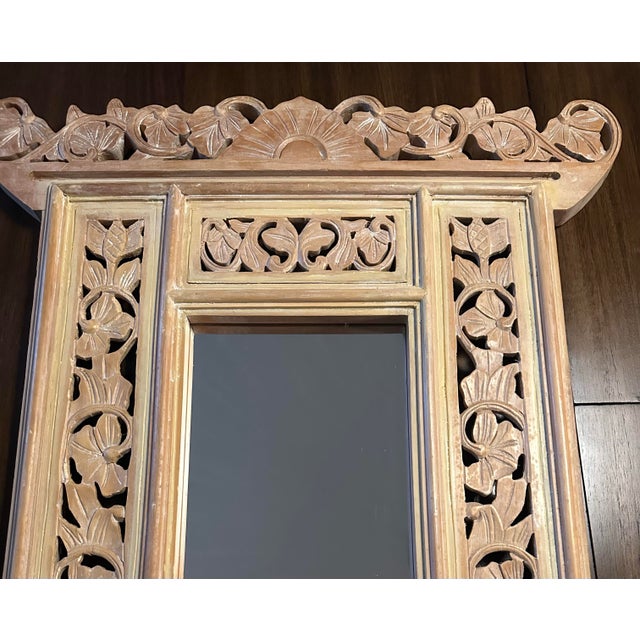 Beige Vintage Hand-Carved Balinese Window Accent Wall Mirror For Sale - Image 8 of 11