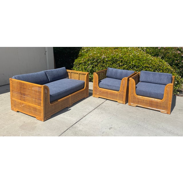 Boho Chic Vintage Rattan Sofa & Lounge Chairs, New Perennials Upholstery For Sale - Image 3 of 9