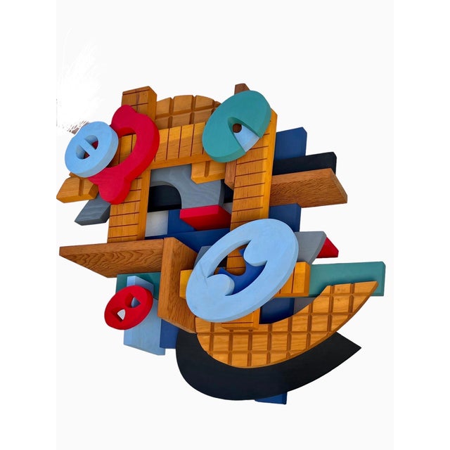 John Okulick, Large Abstract Wood Sculpture Colorful Wooden Painting John Okulick Wall Hanging For Sale - Image 16 of 18