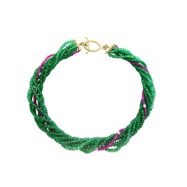 360 Carat Emerald, Burma Ruby and Diamond Beads Necklace 18 Karat Yellow Gold For Sale - Image 16 of 18
