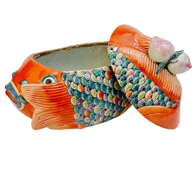 Mid 20th Century Chinese Hand-Painted Famille Rose Two Head Koi Fish Form Tureen For Sale - Image 4 of 8