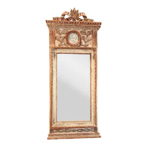 Antique Mid-19th Century French Carved Giltwood Pier Mirror With Beaded Molding, Gold Leaf, & a Portrait Cartouche