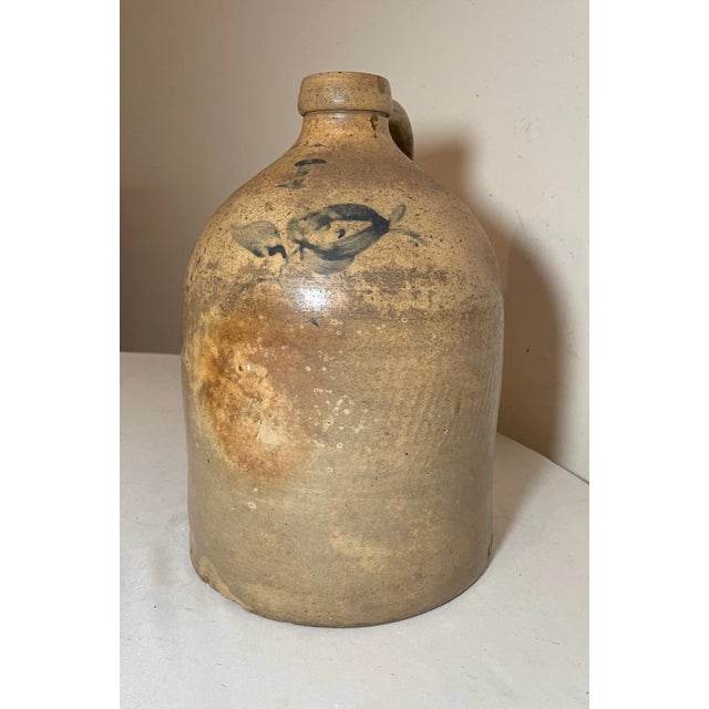 Antique 1800's Handmade Stoneware Salt Glazed Cobalt Pottery Jug Vase W/ Handle For Sale - Image 4 of 10