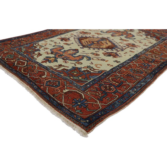 Antique Persian Serapi Rug with Modern Tribal Style 04'07 x 05'09. Cleverly composed and poised to impress with its rustic...