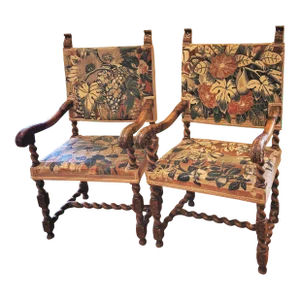 Antique Flemish Baroque Arm Chairs With 17th C Tapestry Upholstery - a Pair