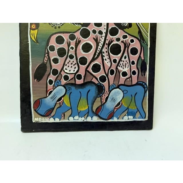 Pink Original "Mbomo" Tingatinga Painting - Authentic Tanzanian Folk Art, Enamel on Wrapped Canvas, 12" X 16" - Signed, Ready to Hang For Sale - Image 8 of 16