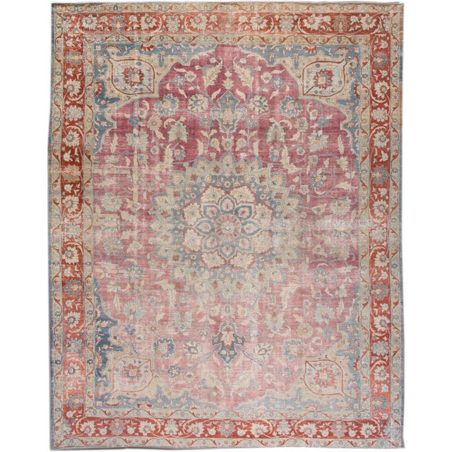 Antique Persian Tabriz Red and Blue Handmade Medallion Floral Wool Rug For Sale - Image 10 of 10