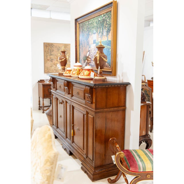 Traditional (One of a Kind) Italian Walnut Tuscan Sideboard With Inlaid Panel Doors & Brass Hardware For Sale - Image 3 of 3
