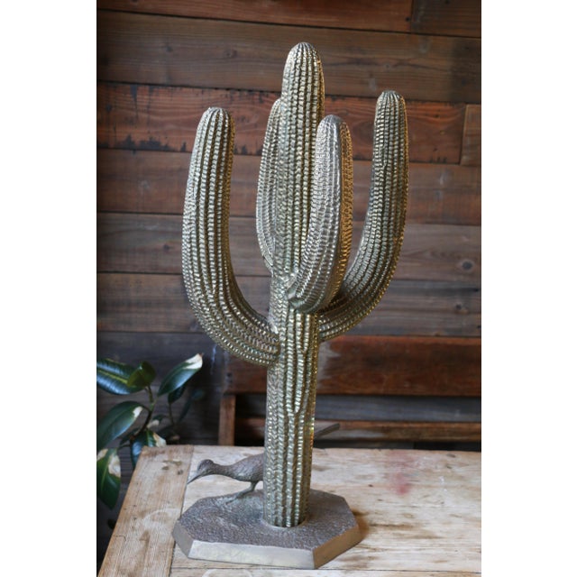 Large Brass Saguaro Cactus With Road Runner Sculpture — Korea, Circa 1970s For Sale - Image 4 of 18