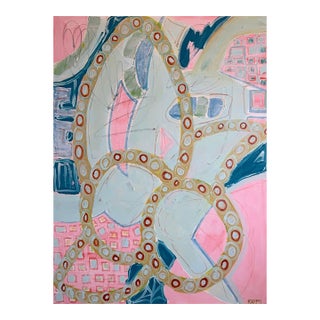 Large Contemporary Abstract Acrylic Painting – Pink, Teal & Circular Motif For Sale