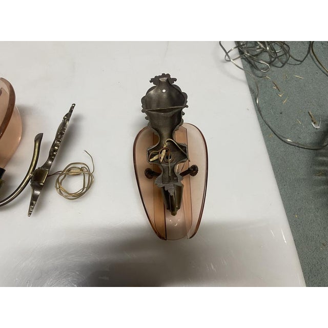 Metal Italian Bronze and Pink Glass Wall Sconces, 1950s, Set of 2 For Sale - Image 7 of 11